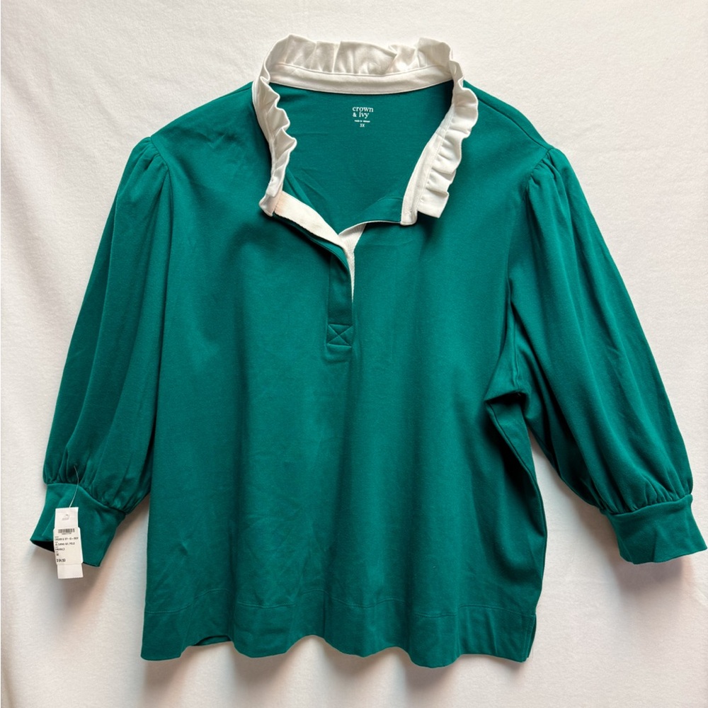 crown & ivy NWT Teal Polo Top with Cream Ruffle Collar